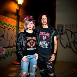 Two grunge friends standing together in an urban setting, wearing ripped jeans, band t-shirts, and leather jackets