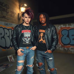 Two grunge friends standing together in an urban setting, wearing ripped jeans, band t-shirts, and leather jackets