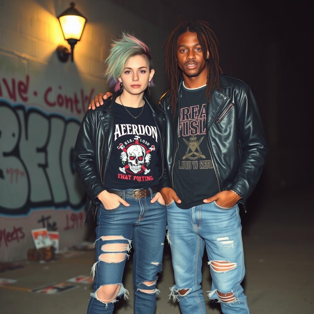 Two grunge friends standing together in an urban setting, wearing ripped jeans, band t-shirts, and leather jackets