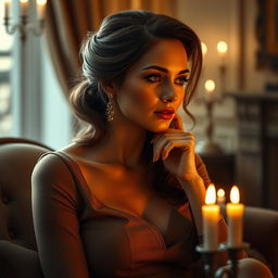 Photorealistic image of a beautiful woman in a tasteful and classy manner, thinking deeply