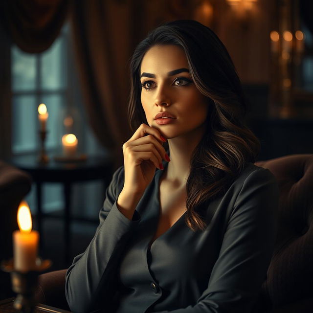 Photorealistic image of a beautiful woman in a tasteful and classy manner, thinking deeply