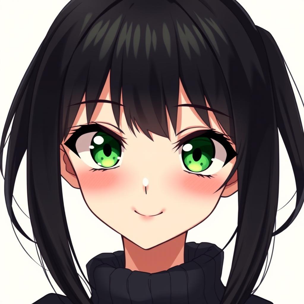 An anime-style depiction of a beautiful girl with long black hair and striking green eyes, complemented by a cute smile