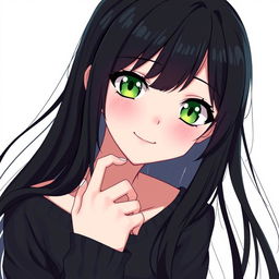 An anime-style depiction of a beautiful girl with long black hair and striking green eyes, complemented by a cute smile