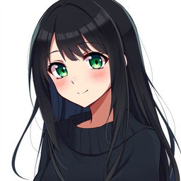 An anime-style depiction of a beautiful girl with long black hair and striking green eyes, complemented by a cute smile