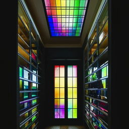 A two-story lofted walk-in closet with beautiful stained glass windows casting rainbow hues around the room.