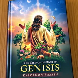 A captivating book cover featuring a symbolic and artistic representation of Jesus Christ encompassed by elements from the Book of Genesis