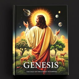 A captivating book cover featuring a symbolic and artistic representation of Jesus Christ encompassed by elements from the Book of Genesis