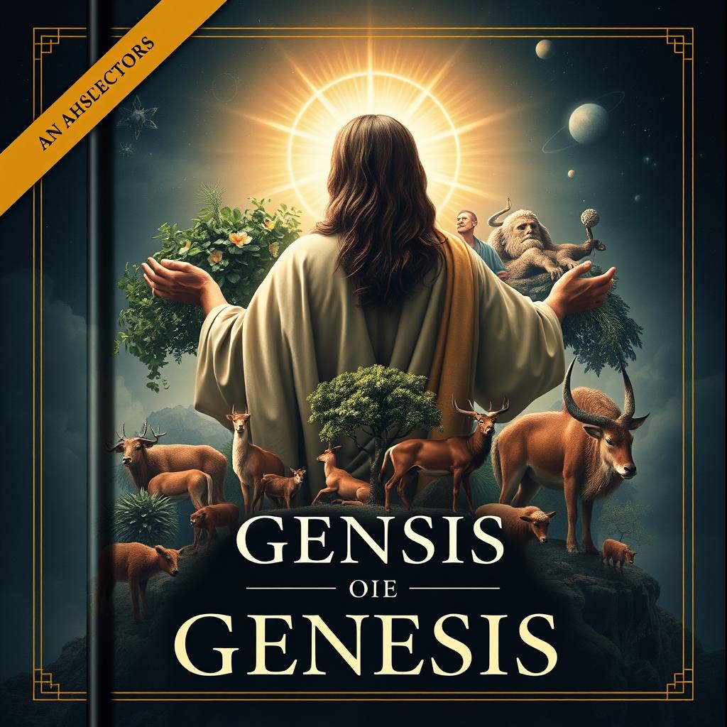 A captivating book cover featuring a symbolic and artistic representation of Jesus Christ encompassed by elements from the Book of Genesis