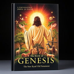 A captivating book cover featuring a symbolic and artistic representation of Jesus Christ encompassed by elements from the Book of Genesis