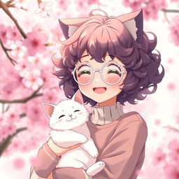 anime girl with curly hair wearing white round glasses, holding a smiling white cat in her arms, with features that subtly resemble a cat, such as cat-like ears or a soft tail, set in a dreamy and playful environment, with a joyful expression on her face, surrounded by vibrant cherry blossoms and gentle light creating an ethereal atmosphere