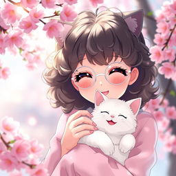 anime girl with curly hair wearing white round glasses, holding a smiling white cat in her arms, with features that subtly resemble a cat, such as cat-like ears or a soft tail, set in a dreamy and playful environment, with a joyful expression on her face, surrounded by vibrant cherry blossoms and gentle light creating an ethereal atmosphere