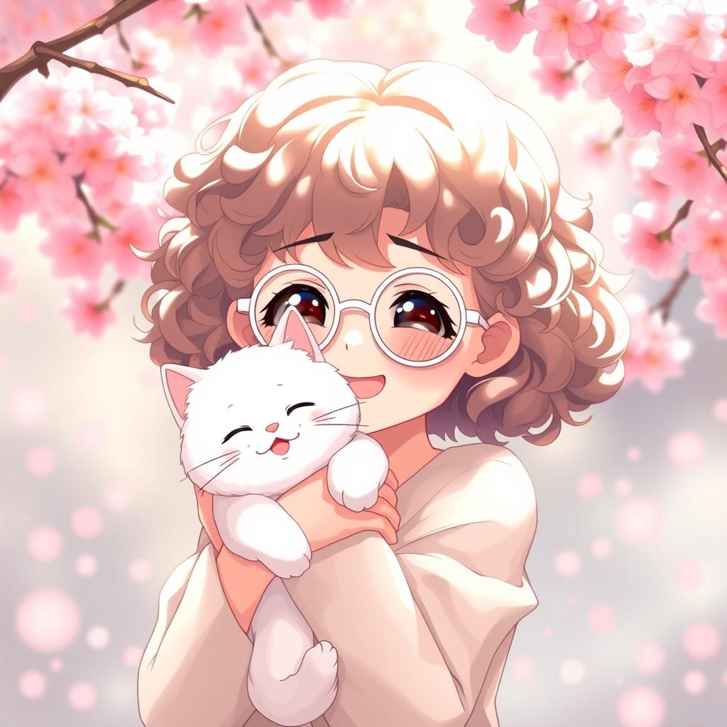 anime girl with curly hair wearing white round glasses, holding a smiling white cat in her arms, with features that subtly resemble a cat, such as cat-like ears or a soft tail, set in a dreamy and playful environment, with a joyful expression on her face, surrounded by vibrant cherry blossoms and gentle light creating an ethereal atmosphere