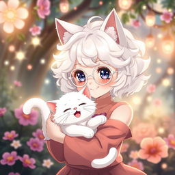 anime cat girl with curly white hair, wearing white round glasses, holding a smiling white cat in her arms, displaying distinct cat-like features such as ears and a tail, set in a fantasy garden with shimmering lights, featuring an enchanting and cheerful expression, surrounded by mystical flowers and soft magical aura