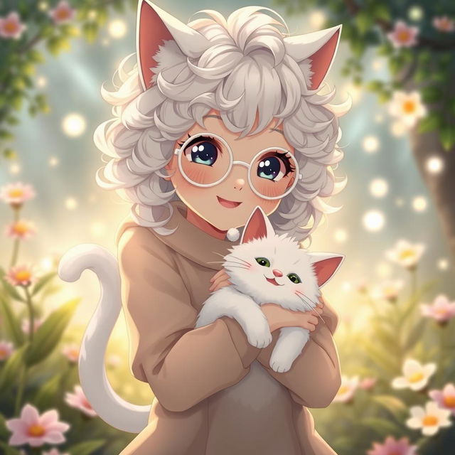 anime cat girl with curly white hair, wearing white round glasses, holding a smiling white cat in her arms, displaying distinct cat-like features such as ears and a tail, set in a fantasy garden with shimmering lights, featuring an enchanting and cheerful expression, surrounded by mystical flowers and soft magical aura