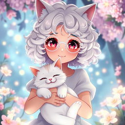 anime cat girl with curly white hair, wearing white round glasses, holding a smiling white cat in her arms, displaying distinct cat-like features such as ears and a tail, set in a fantasy garden with shimmering lights, featuring an enchanting and cheerful expression, surrounded by mystical flowers and soft magical aura