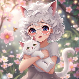 anime cat girl with curly white hair, wearing white round glasses, holding a smiling white cat in her arms, displaying distinct cat-like features such as ears and a tail, set in a fantasy garden with shimmering lights, featuring an enchanting and cheerful expression, surrounded by mystical flowers and soft magical aura