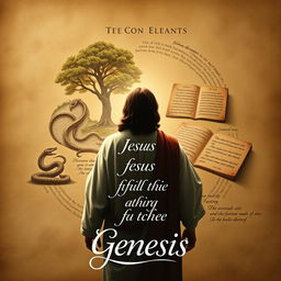 A scholarly book cover design for a book about Jesus fulfilling everything in the Book of Genesis