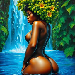 A polished, oil-based painting of a full macro up-close view of a gorgeous nude black woman