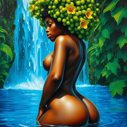 A polished, oil-based painting of a full macro up-close view of a gorgeous nude black woman