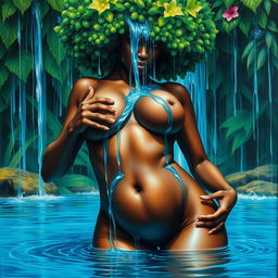 A polished, oil-based painting of a full macro up-close view of a gorgeous nude black woman