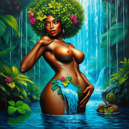 A polished, oil-based painting of a full macro up-close view of a gorgeous nude black woman