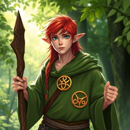 A young male half-elf druid with vibrant red hair and pointed ears, dressed in lush green robes