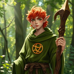 A young male half-elf druid with vibrant red hair and pointed ears, dressed in lush green robes