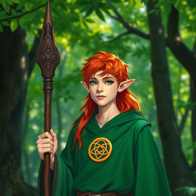 A young male half-elf druid with vibrant red hair and pointed ears, dressed in lush green robes