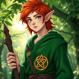 A young male half-elf druid with vibrant red hair and pointed ears, dressed in lush green robes