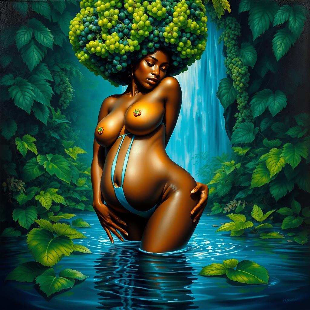 A polished, oil-based painting depicting a full body view of a gorgeous black nude woman with an afro made of bright green grapes