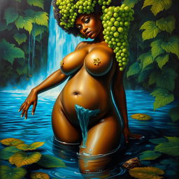 A polished, oil-based painting depicting a full body view of a gorgeous black nude woman with an afro made of bright green grapes