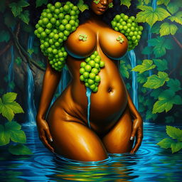 A polished, oil-based painting depicting a full body view of a gorgeous black nude woman with an afro made of bright green grapes