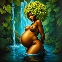 A polished, oil-based painting depicting a full body view of a gorgeous black nude woman with an afro made of bright green grapes