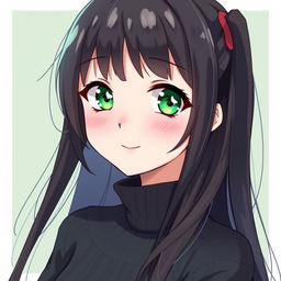 An anime-style portrayal of a beautiful girl with long black hair and captivating green eyes, enhanced by a cute smile