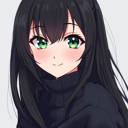 An anime-style portrayal of a beautiful girl with long black hair and captivating green eyes, enhanced by a cute smile