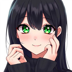 An anime-style portrayal of a beautiful girl with long black hair and captivating green eyes, enhanced by a cute smile