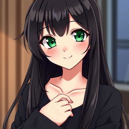 An anime-style portrayal of a beautiful girl with long black hair and captivating green eyes, enhanced by a cute smile