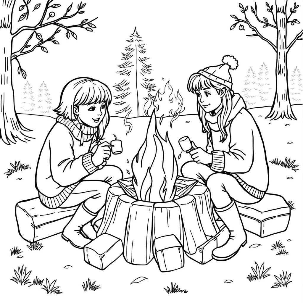 Black and white coloring book illustration capturing the essence of fall