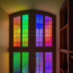 A two-story lofted walk-in closet with beautiful stained glass windows casting rainbow hues around the room.