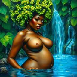 A polished, oil-based painting of a stunning black nude woman in a fantastical setting