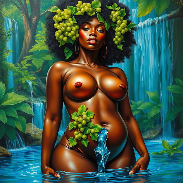 A polished, oil-based painting of a stunning black nude woman in a fantastical setting