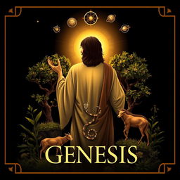 A sophisticated and scholarly book cover featuring a symbolic and artistic representation of Jesus Christ fulfilling the themes of the Book of Genesis