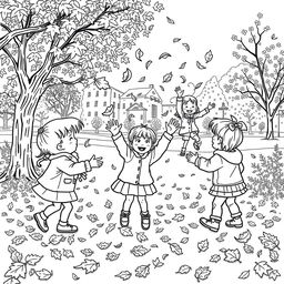 Black and white coloring book illustration capturing the essence of autumn with children playfully interacting in a seasonal setting