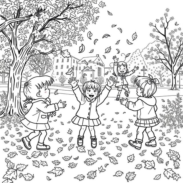 Black and white coloring book illustration capturing the essence of autumn with children playfully interacting in a seasonal setting