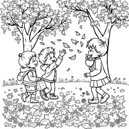 Black and white coloring book illustration capturing the essence of autumn with children playfully interacting in a seasonal setting