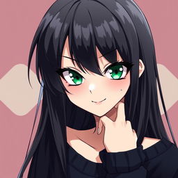 An anime illustration of a beautiful girl with long black hair and intense green eyes, featuring a mischievous smile