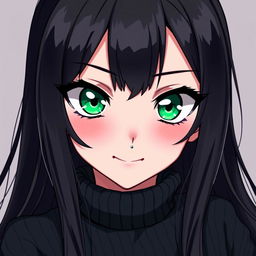 An anime illustration of a beautiful girl with long black hair and intense green eyes, featuring a mischievous smile