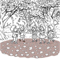 Black and white coloring book illustration capturing the essence of autumn with children playfully interacting in a seasonal setting