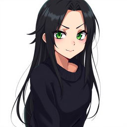 An anime illustration of a beautiful girl with long black hair and intense green eyes, featuring a mischievous smile