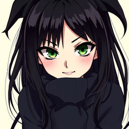 An anime illustration of a beautiful girl with long black hair and intense green eyes, featuring a mischievous smile